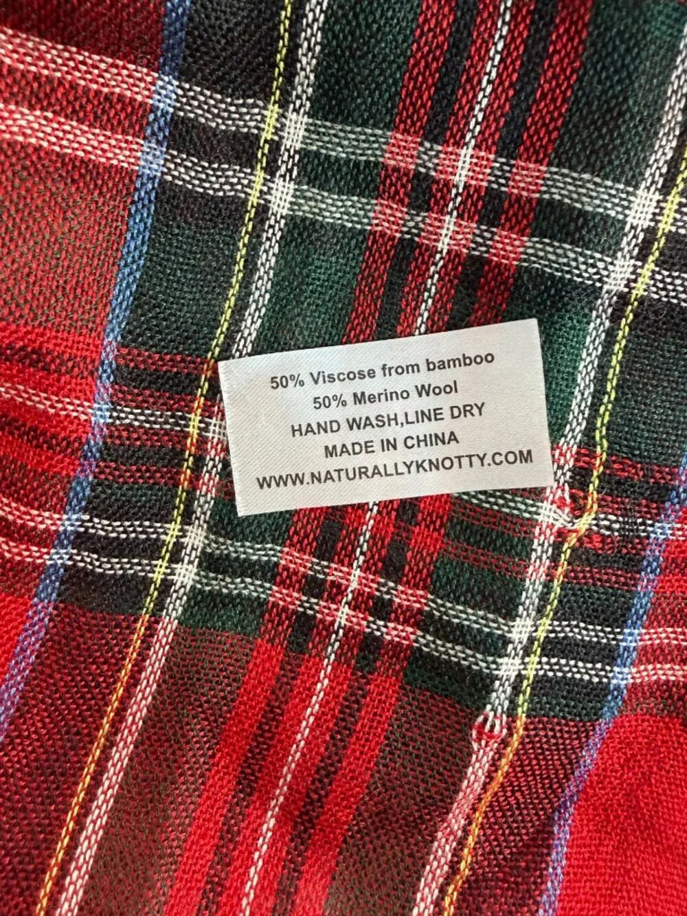 Red Tartan Plaid Scarf 78x29 Merino Wool & Bamboo Blend Fringe Edges Naturally K